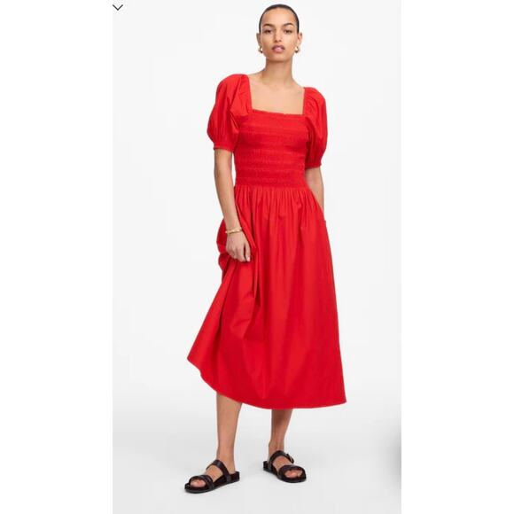 Madewell NWT Women’s Red Smocked Puff Sleeve Midi Dress in Poplin size Small - Picture 1 of 9